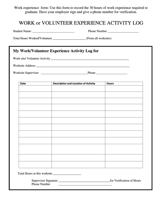 Work Or Volunteer Experience Activity Log Printable pdf