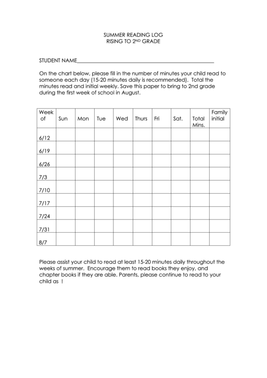 Summer Reading Log Rising To 2nd Grade Printable pdf
