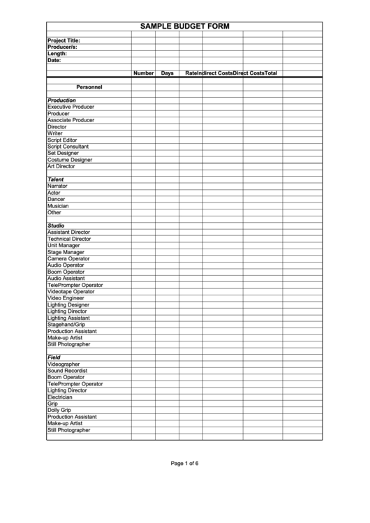 Sample Budget Form Printable pdf