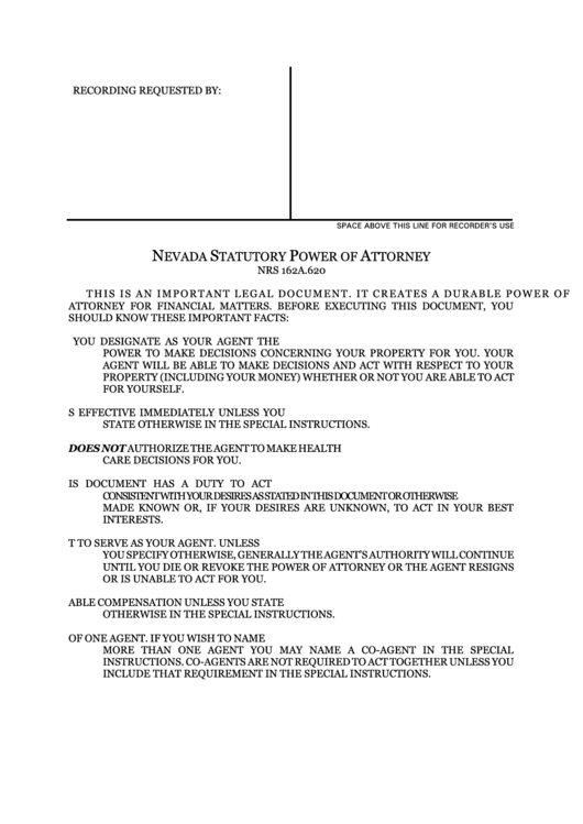 Nevada Statutory Power Of Attorney Form Printable pdf