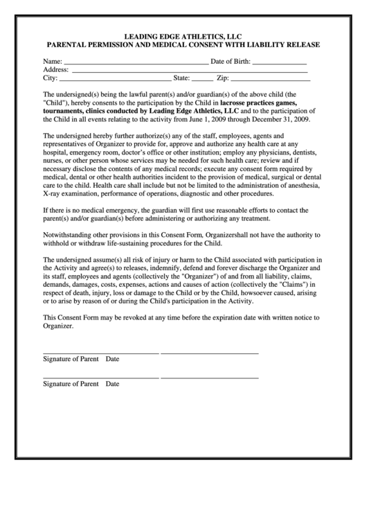 Parental Permission And Medical Consent With Liability Release Form Printable pdf