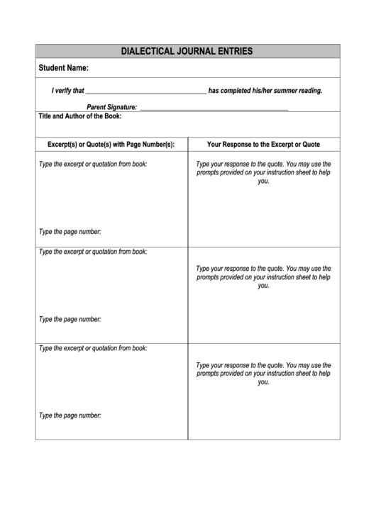 Dialectical Journal Entries Worksheet Template Printable pdf