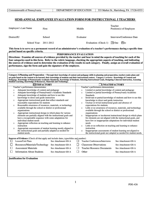 Semi Annual Employee Evaluation Form For Instructional I Teachers Printable pdf