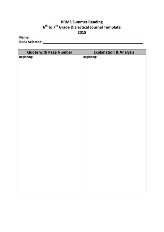 Summer Reading Dialectical Journal Template