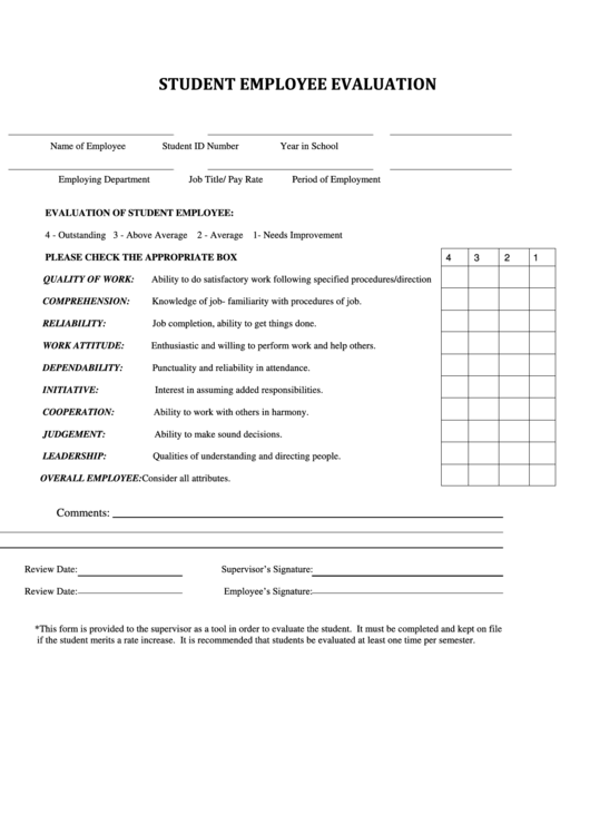 Student Employee Evaluation Printable pdf