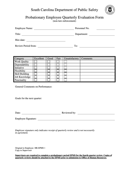 Probationary Employee Quarterly Evaluation Form Printable pdf