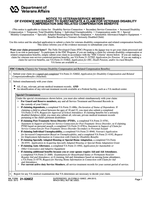 Fillable Va Form 21-526ez (Aug 2013) - Notice To Veteran Service Member Template Printable pdf