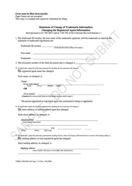 Statement Of Change Of Trademark Information Changing The Registered Agent Information Printable pdf