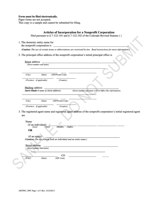 Form Artinc_npc- Sample - Articles Of Incorporation For A Nonprofit Corporation - 2013 Printable pdf