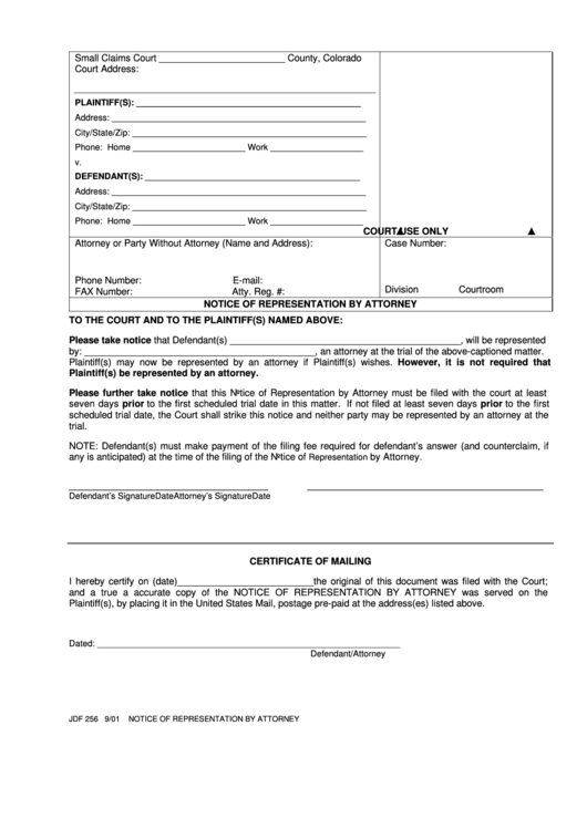 Fillable Notice Of Representation By Attorney Printable pdf