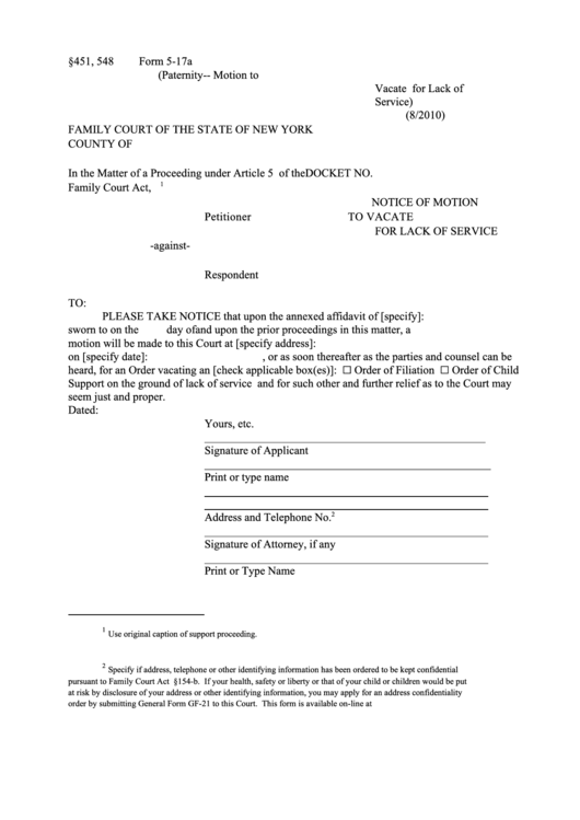 Notice Of Motion To Vacate For Lack Of Service Form Printable pdf