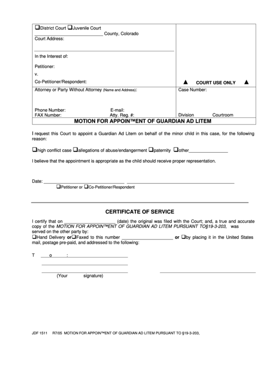 Fillable Motion For Appointment Of Guardian Ad Litem Printable pdf