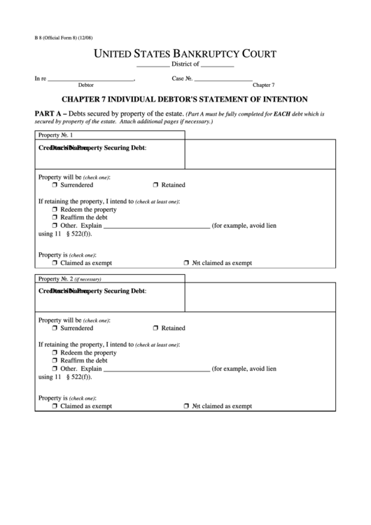 Fillable Chapter 7 Individual Debtors Statement Of Intention - United States Bankruptcy Court Printable pdf