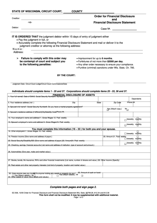 Form Sc-506 - Order For Financial Disclosure And Financial Disclosure Statement Printable pdf