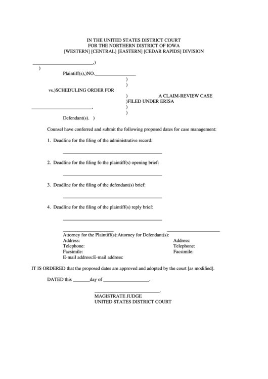 Scheduling Order For A Claim Review Case Printable pdf