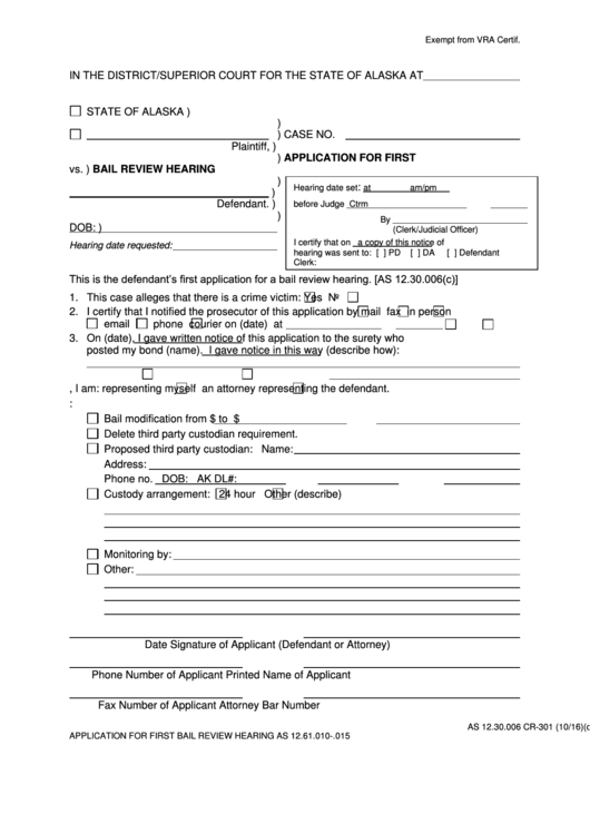 Fillable Application For First Bail Review Hearing Form Printable pdf