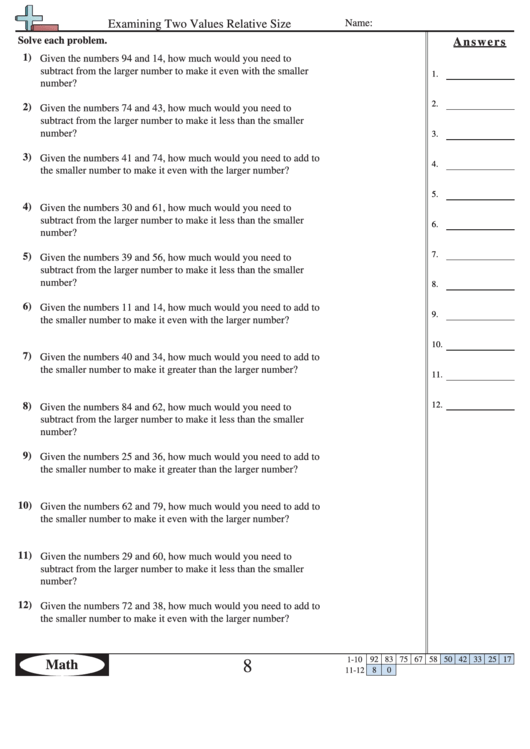 Examining Two Values Relative Size Worksheet With Answer Key Printable pdf
