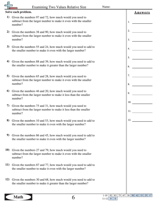 Examining Two Values Relative Size Worksheet With Answer Key Printable pdf