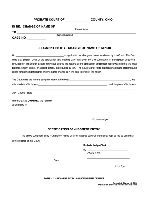 Fillable Form 21.3 - Judgment Entry - Change Of Name Of Minor Printable pdf