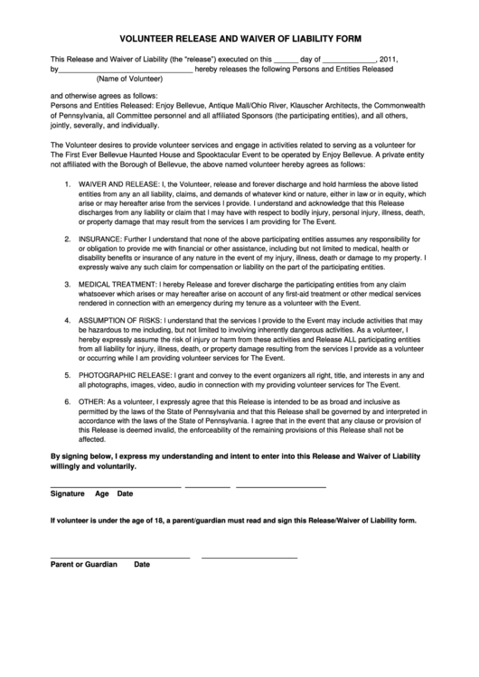 Volunteer Release And Waiver Of Liability Form Printable pdf