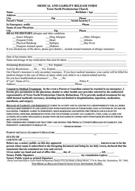 Medical And Liability Release Form Printable pdf
