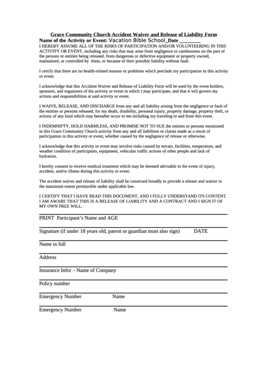 Grace Community Church Accident Waiver And Release Of Liability Form Printable pdf