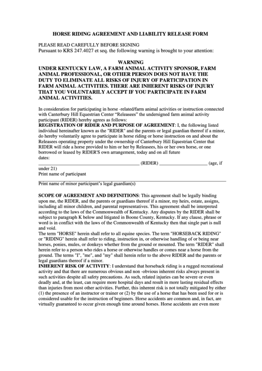 Horse Riding Agreement And Liability Release Form Printable pdf