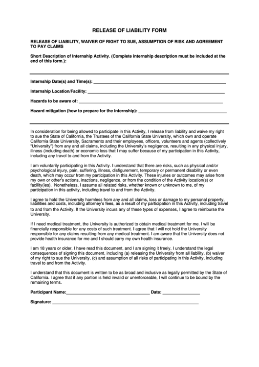 Release Of Liability Form Printable pdf