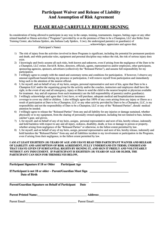 Participant Waiver And Release Of Liability And Assumption Of Risk