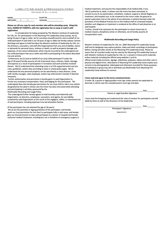 Liability Release Permission Form Printable pdf