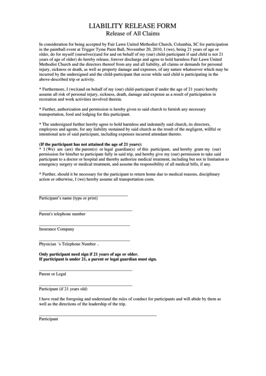 Trip Or Activity Liability Release Form Printable pdf