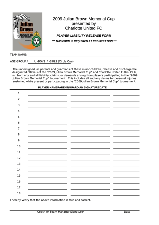 Player Liability Release Form Printable pdf
