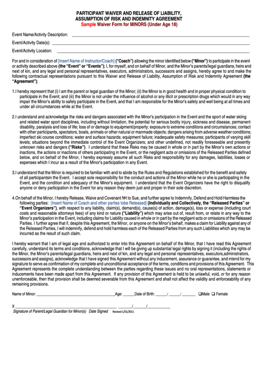 Participant Waiver And Release Of Liability Sample Waiver Form For Minors (Under Age 18) Printable pdf