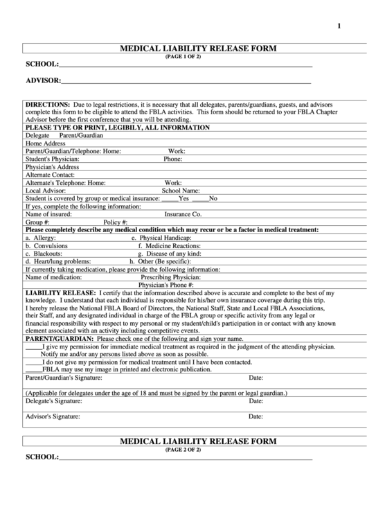 Medical Liability Release Form Printable pdf