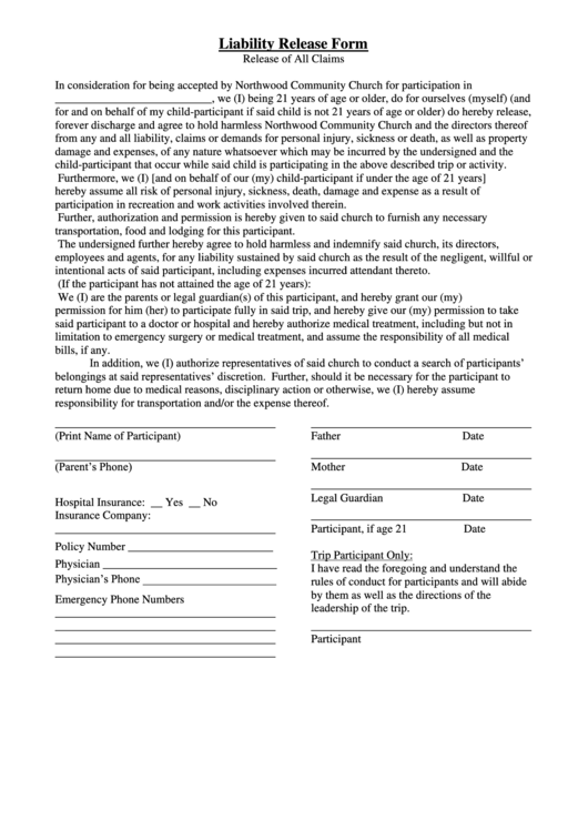 Trip Or Activity Liability Release Form With Permission To Search Belongings Printable pdf