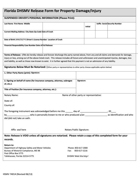 Release Form For Property Damage Printable pdf