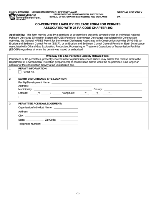 Co Permittee Liability Release Form For Permits