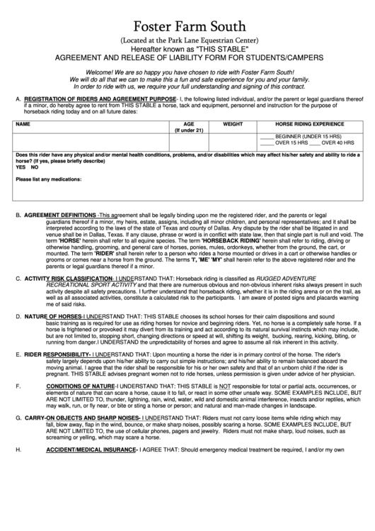 Agreement And Release Of Liability Form For Students Campers Form Printable pdf
