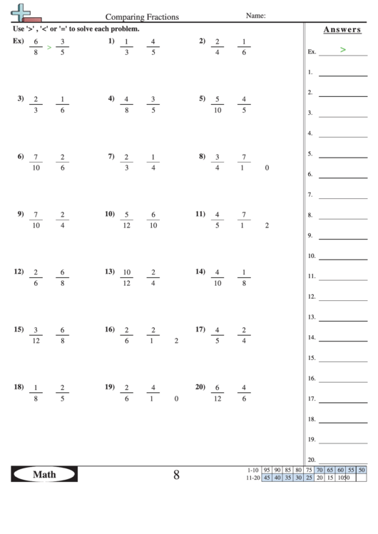 Comparing Fractions Worksheet With Answer Key Printable pdf