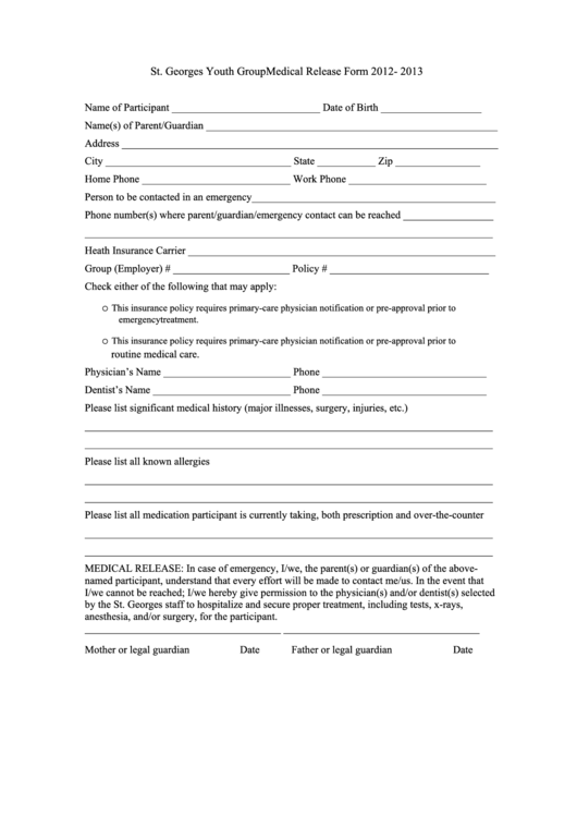 Youth Group Medical Release Form Printable pdf