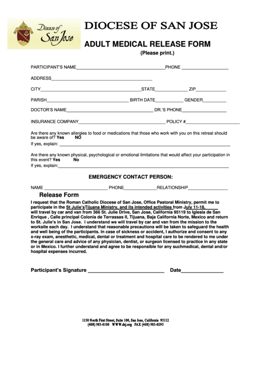 Adult Medical Release Form Printable pdf