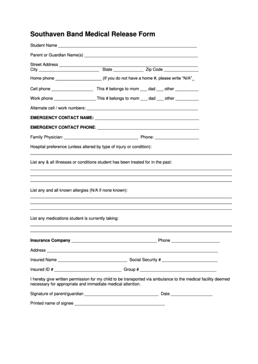 Southaven Band Medical Release Form Printable pdf