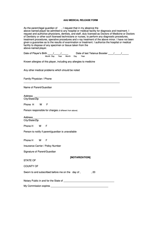 Aau Medical Release Form Printable pdf