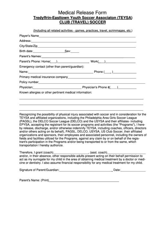 Tredyffrin-Easttown Youth Soccer Associaton Medical Release Form Printable pdf