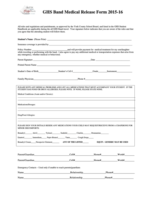 Ghs Band Medical Release Form Printable pdf