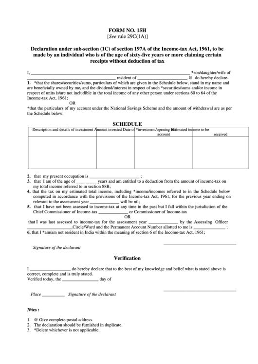 Form No. 15h - Declaration Under Sub-Section (1c) Of Section 197a Of The Income-Tax Act, 1961, To Be Made By An Individual Who Is Of The Age Of Sixty-Five Years Or More Claiming Certain Receipts Without Deduction Of Tax Printable pdf