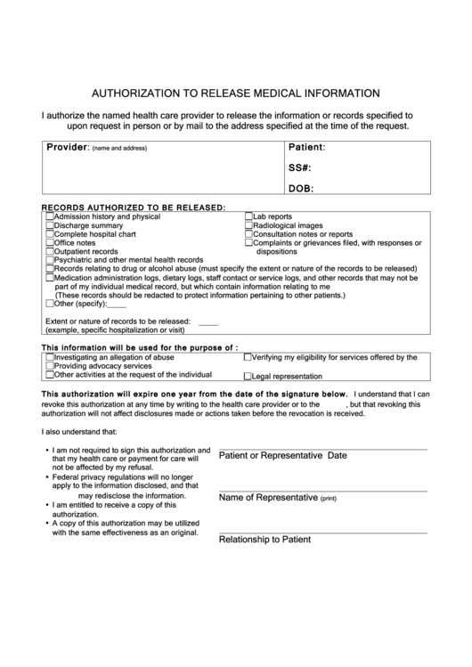 Fillable Authorization To Release Medical Information Printable pdf