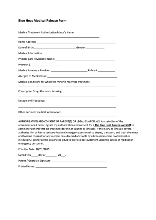 Blue Heat Medical Release Form Printable pdf