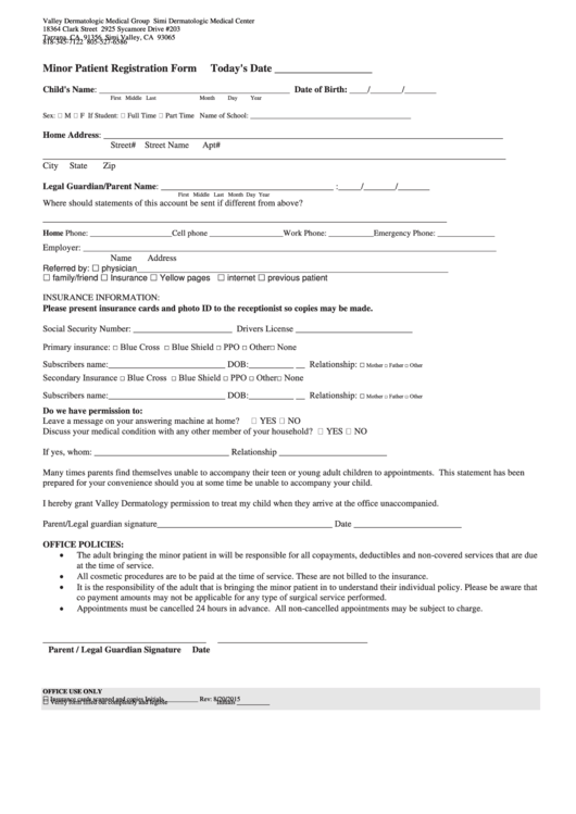 Minor Patient Registration Form Printable pdf