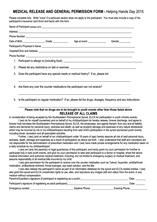 Medical Release And General Permission Form Printable pdf